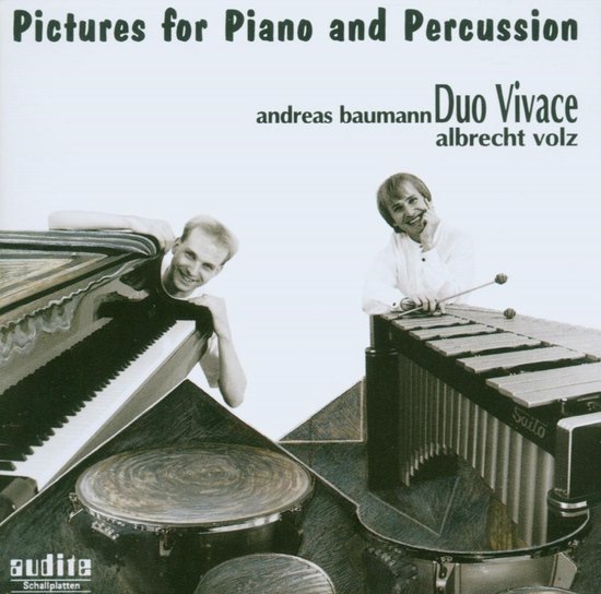 CD-hoes met twee mannen, een bij een vleugel, de ander bij een xylofoon. Titel 'Pictures for Piano and Percussion Duo Vivace'.