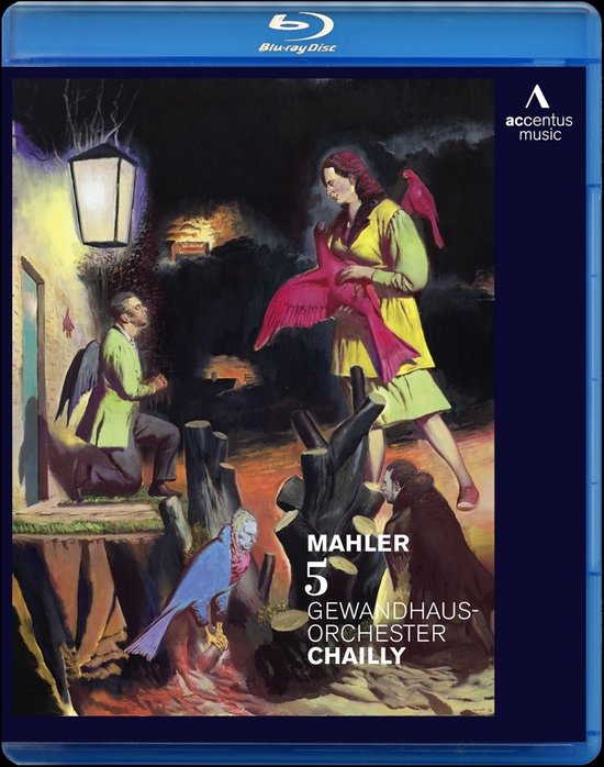 Artwork van Gustav Mahlers 5e symfonie met in het midden een vrouw in geel, die een roze vogel vasthoudt. Mannen en vogels in een nachtelijke scène.