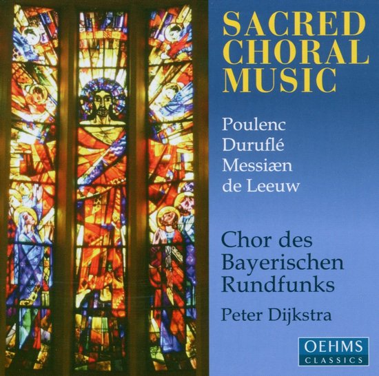 Cd-hoes met gebrandschilderd glas en tekst 'Sacred Choral Music'.