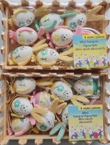 19 gekleurde Paashangers in houten mandje voor paasboom - 2x9 roze gele en mintgroene paaseitjes voor paastakken - paasdecoratie voor Pasen