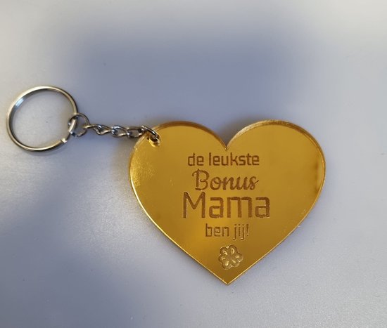 Sleutelhanger hart goud "De leukste bonus mama ben jij!" - Sleutelhanger - Bonus mama - Bonus moeder - Acrylaat spiegel goud