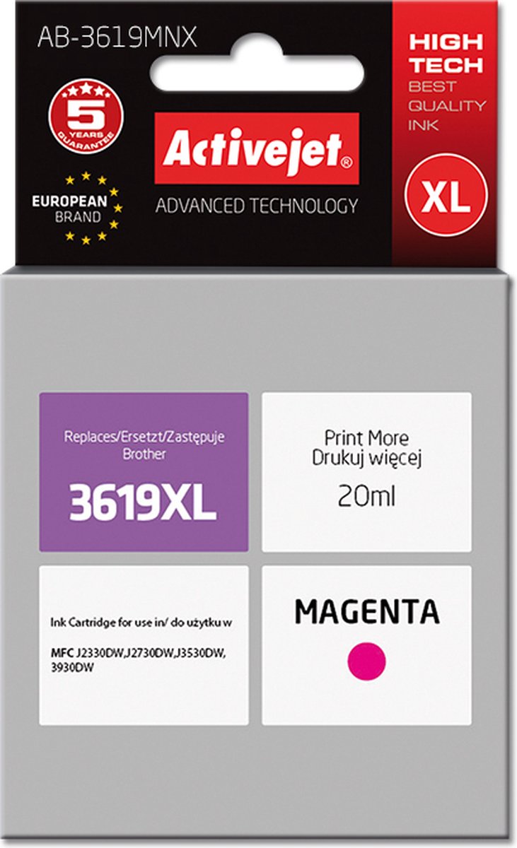 Activejet AB-3619MNX inkt (Brother LC3619M vervanging; Supreme; 20 ml; rood)