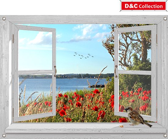D&C Collection - tuinposter - 90x65 cm - doorkijk - wit luxe venster klaprozen, blauwe lucht en water - vogels - tuin decoratie - tuinposters buiten - schuttingposter - tuinschilderij
