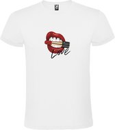 Wit t-shirt met grote print van Rode Mond / Lippen met Lipstick en tekst LOVE  Size M