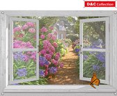 D&C Collection - tuinposter - 90x65 cm - doorkijk - wit luxe venster hortensia tuin met vlinders - tuin decoratie - tuinposters buiten - schuttingposter - tuinschilderij