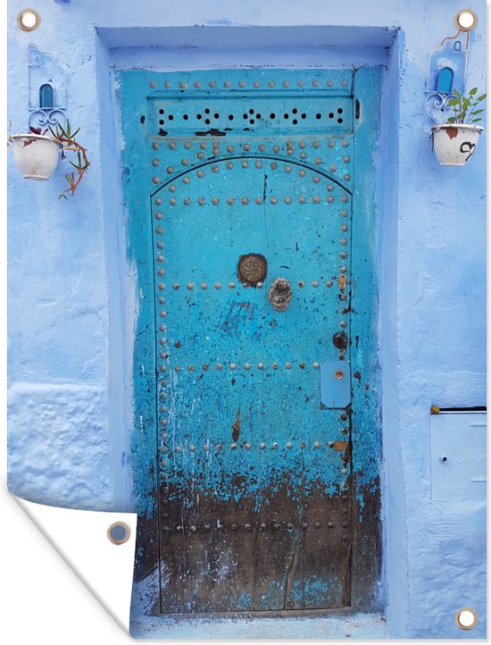 Tuinposter - Tuindoek - Tuinposters buiten - Blauwe verroeste deur in Chefchaouen - 90x120 cm - Tuin