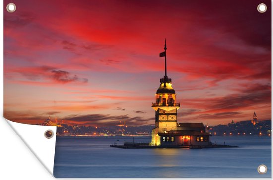 Tuindecoratie Zonsondergang bij Maiden's tower in de Bosporus in Istanbul, Turkije - 60x40 cm - Tuinposter - Tuindoek - Buitenposter