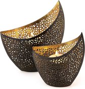 Metalen theelichthouder Sikkelvorm 2 maten, hoogte: 12 + 14,5cm , set van 2 stuks
