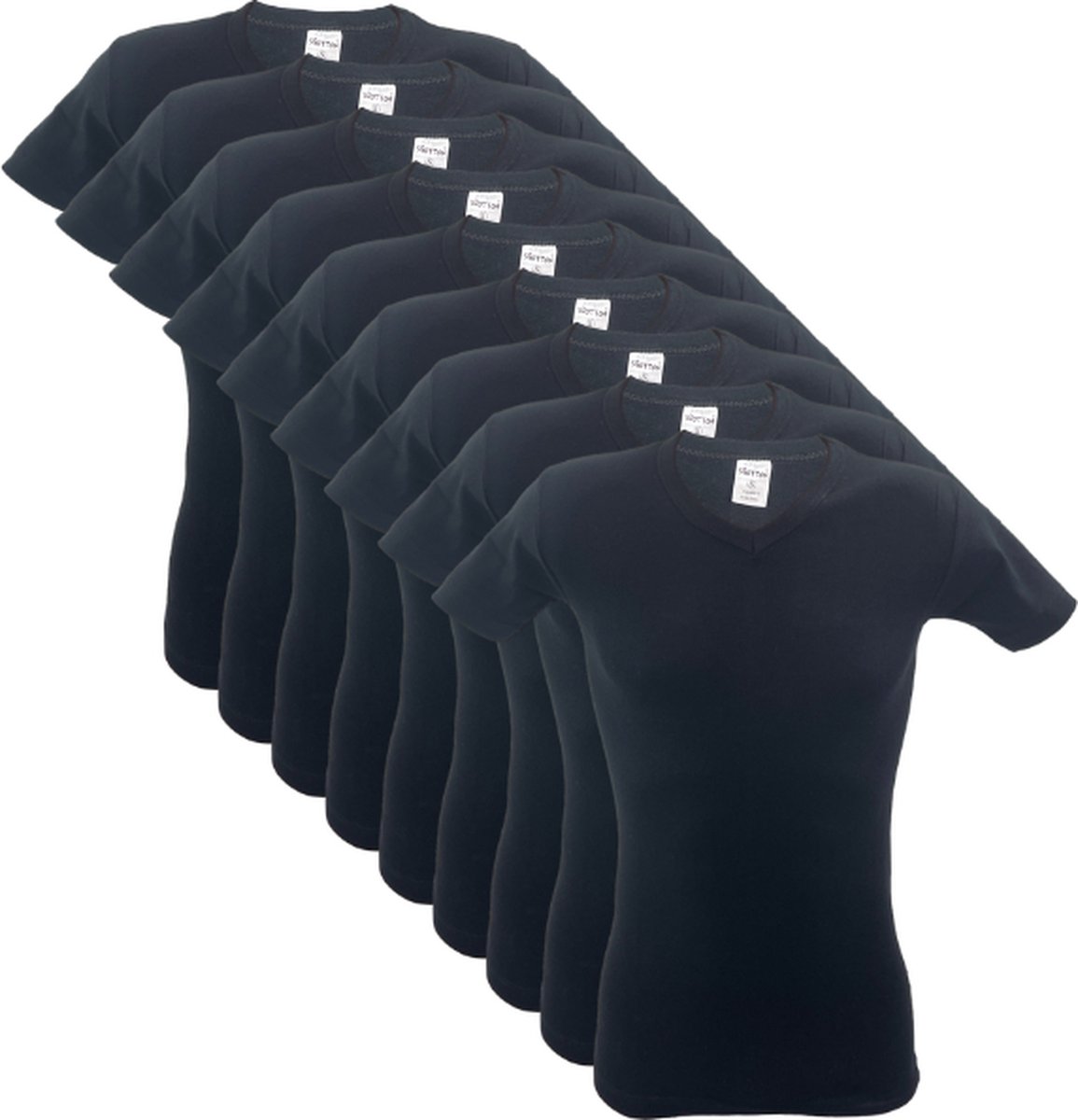 9 stuks SQOTTON V-hals T-shirt - Zwart - Maat S