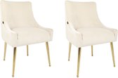 Eetkamerstoelen set van 6 Velvet Beige met geribbelde achterkant - gouden poten - Eettafelstoelen velours beige met armleuning