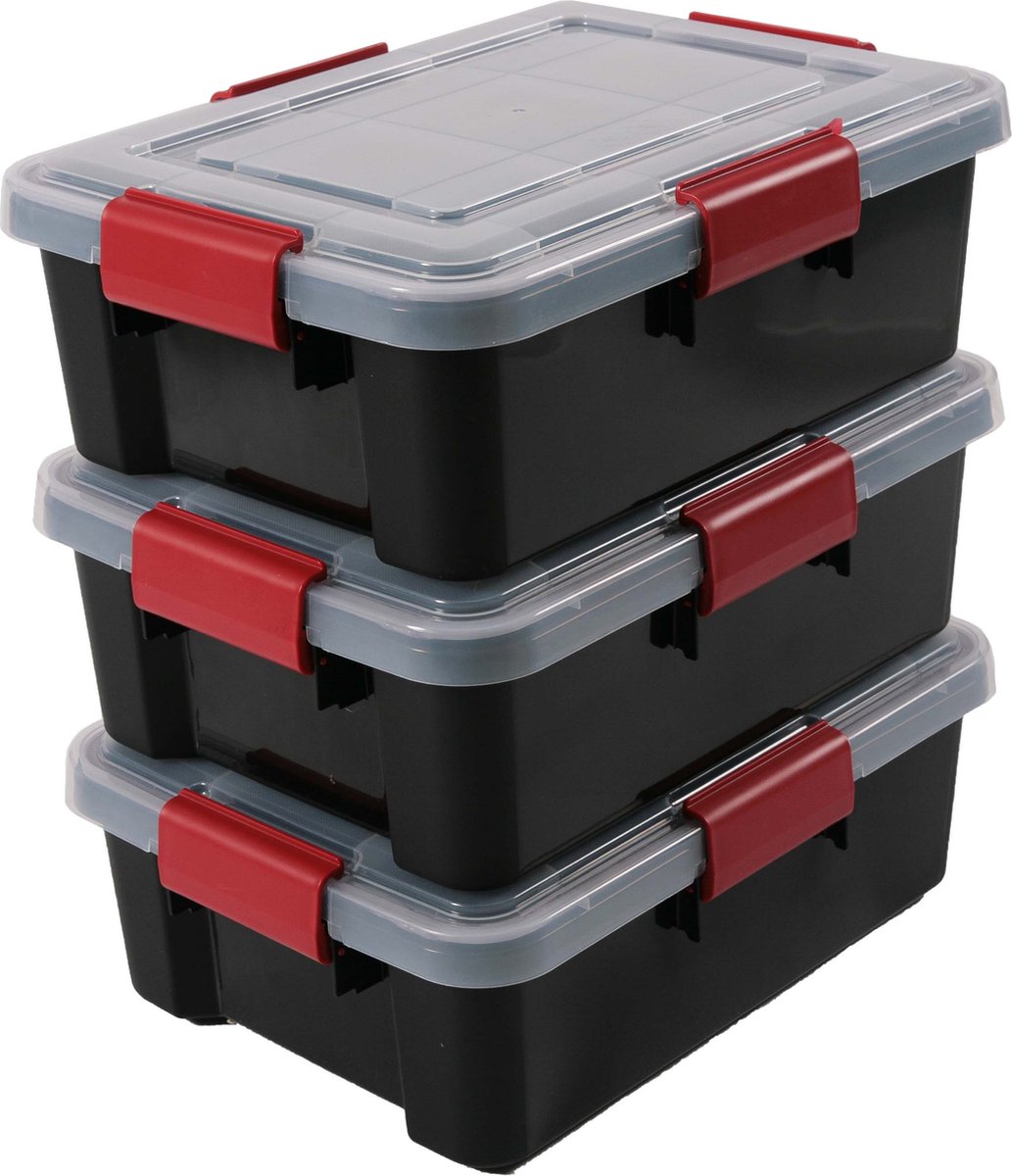 IRIS Ohyama Airtight Opbergbox - 10L - Kunststof - Zwart/Transparant/Rood- Set van 3