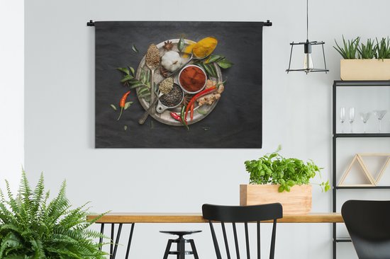 Wandkleed - Wanddoek - Kruiden - Bord - Peper - Zwart - Lepels - Zilver - 120x90 cm - Wandtapijt