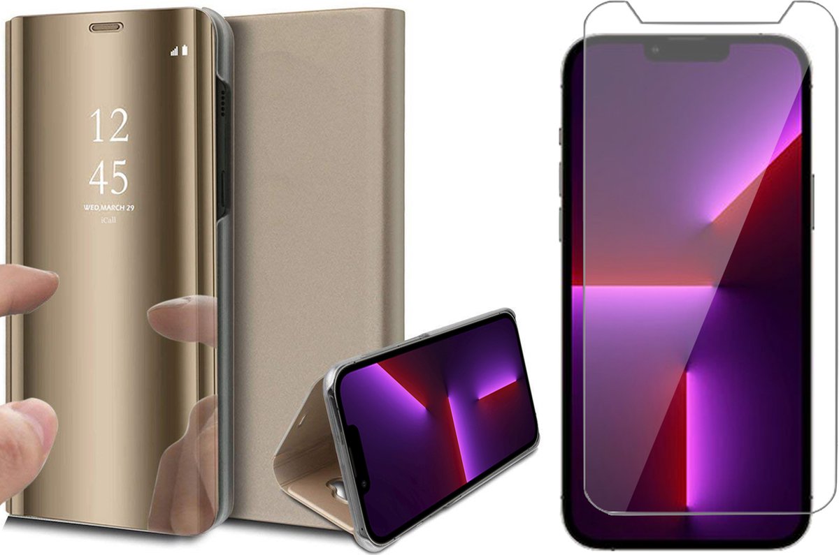 Hoesje geschikt voor iPhone 13 Pro en Screenprotector - Spiegel Book Case - Goud