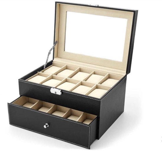 Boîte de montre A&K | Boîte de montre en cuir de Luxe | Convient pour les Montres et les Bijoux | 20 compartiments avec 20 Oreillers | Cuir Zwart V2. 0