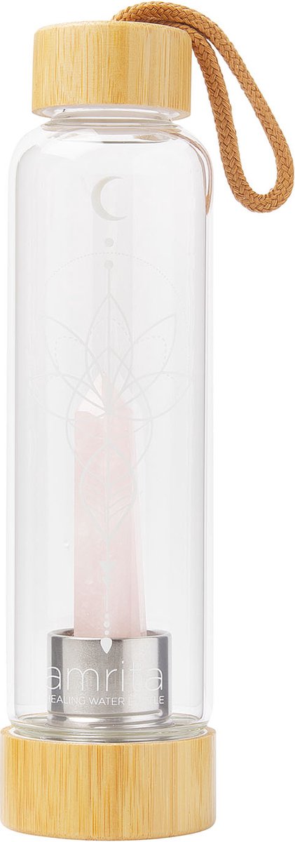 Harmony Crystal® - Duurzame glazen waterfles met kristal - Rozenkwarts - Bamboe - 500 ml Drinkfles Edelsteen