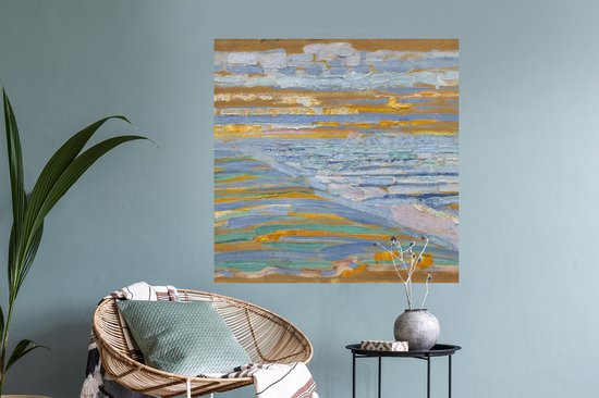 Stickers muraux - Vue sur la plage et la jetée depuis les dunes - Piet Mondrian - 100x100 cm - Film adhésif XXL