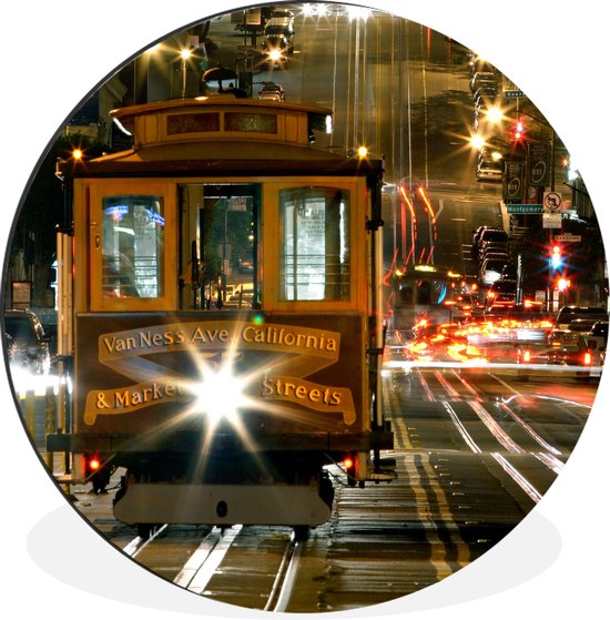 WallCircle - Wandcirkel - Muurcirkel - De tram van San Francisco in de nacht - Aluminium - Dibond - 140x140 cm - Binnen en Buiten