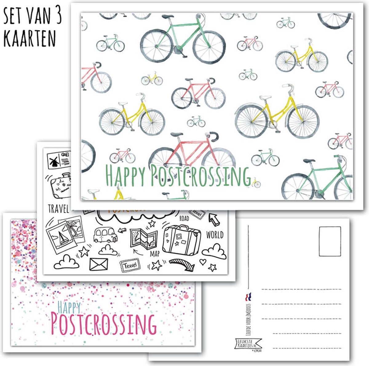 KaartenSet Happy Postcrossing -> Nr 1 (Postcrossing-Typisch-Hollands-Fietsen-reizen-Confetti) - LeuksteKaartjes.nl by xMar