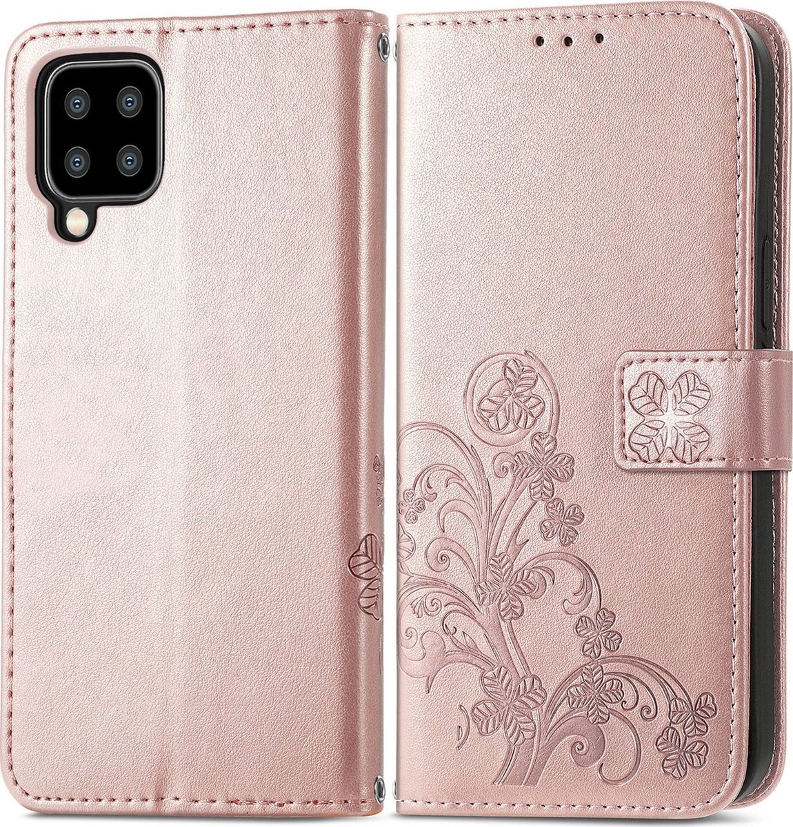 Mobigear Telefoonhoesje geschikt voor Samsung Galaxy A22 5G Hoesje | Mobigear Clover Bookcase Portemonnee | Pasjeshouder voor 3 Pasjes | Telefoonhoesje voor Pinpas / OV Kaart / Rijbewijs - Roségoud