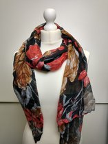 Lange dames sjaal Ulrike bloemenmotief zwart rood grijs bruin wit