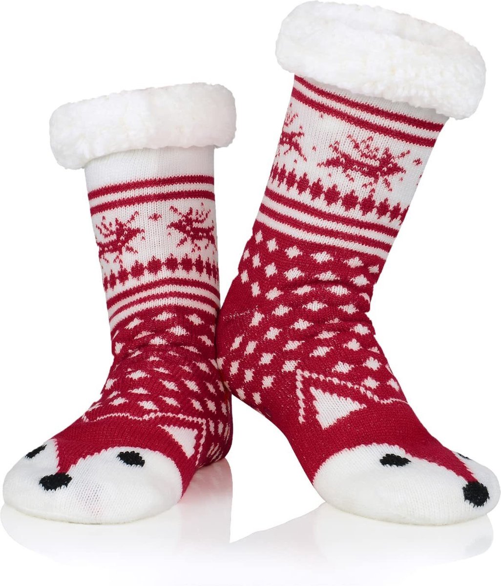 JAXY - Huissokken Dames - Verwarmde Sokken - Anti Slip Sokken - Huissokken - Bedsokken - Warme Sokken - Kerstcadeau Voor Vrouwen - Thermosokken - Dikke Sokken - Fluffy Sokken - Kerstsokken Dames en Heren - Vos Rood