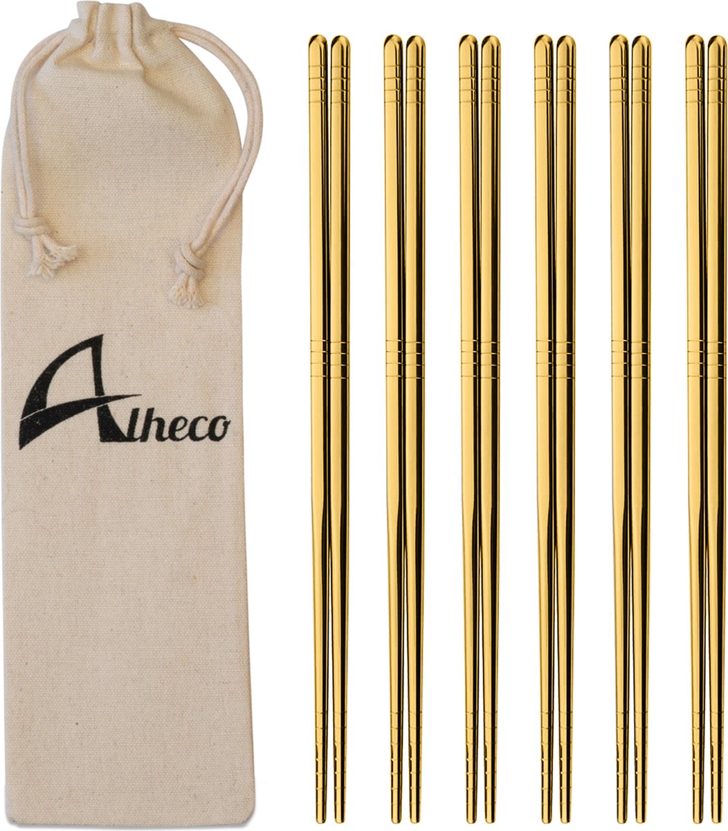 Alheco 6 paar Koreaanse chopsticks - Eetstokjes - Metaal / RVS - Goud - Alheco
