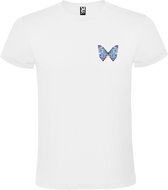 Wit t-shirt met prachtige Blauwe Vlinder met diamant facetten kleine print size XL