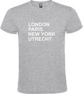 Grijs t-shirt met " London, Paris , New York, Utrecht " print Wit size XL