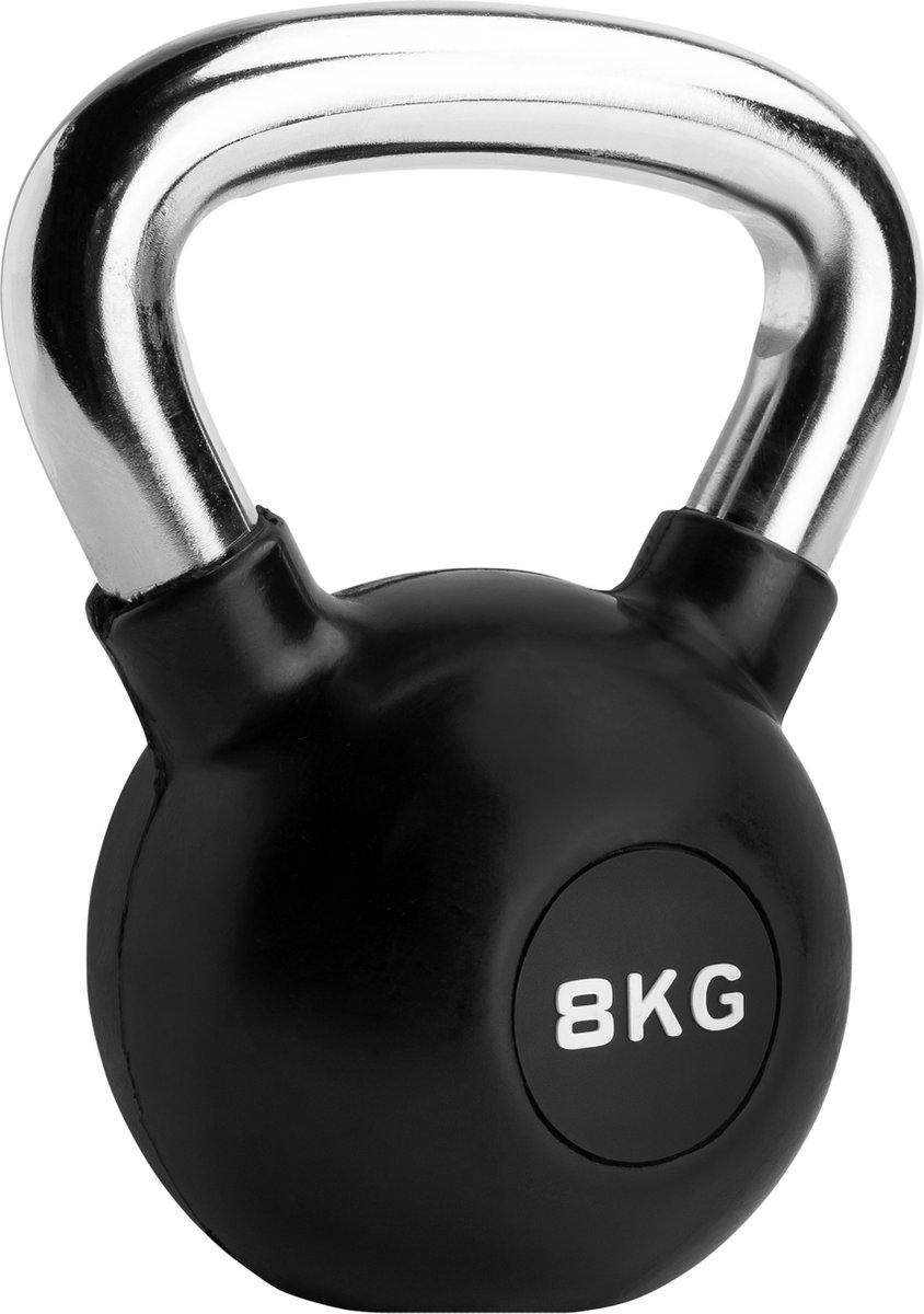 RYZOR Kettlebell van 8 kg - Kettlebell voor crossfit - Bootcamp gewichten - Gewichten - Kogelhalter - Fitness gewichten - Kettlebell gewicht - Kettlebells 8 kg - Voor binnen en buiten - Halters en gewichten - Rubber en staal - Zwart en zilver
