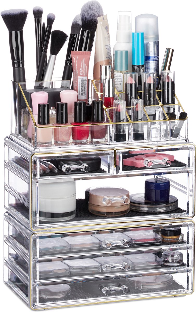 Relaxdays Boîte rangement maquillage Make up organisateur cosmétiques  tiroirs compartiments, transparent-doré