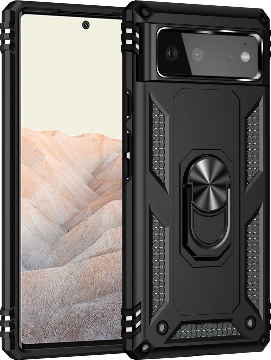 Mobigear Hoesje geschikt voor Google Pixel 6 Telefoonhoesje Hardcase | Mobigear Armor Ring Backcover Shockproof met Ringhouder | Schokbestendig Pixel 6 Telefoonhoesje | Anti Shock Proof - Zwart