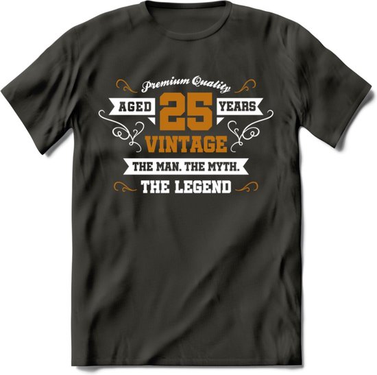25 Jaar Legend T-Shirt | Goud - Wit | Grappig Verjaardag en Feest Cadeau Shirt | Dames - Heren - Unisex | Tshirt Kleding Kado | - Donker Grijs - L