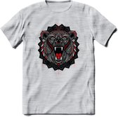 Beer - Dieren Mandala T-Shirt | Rood | Grappig Verjaardag Zentangle Dierenkop Cadeau Shirt | Dames - Heren - Unisex | Wildlife Tshirt Kleding Kado | - Licht Grijs - Gemaleerd - XL