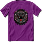 Beer - Dieren Mandala T-Shirt | Rood | Grappig Verjaardag Zentangle Dierenkop Cadeau Shirt | Dames - Heren - Unisex | Wildlife Tshirt Kleding Kado | - Paars - XL