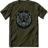 Beer - Dieren Mandala T-Shirt | Aqua | Grappig Verjaardag Zentangle Dierenkop Cadeau Shirt | Dames - Heren - Unisex | Wildlife Tshirt Kleding Kado | - Leger Groen - L