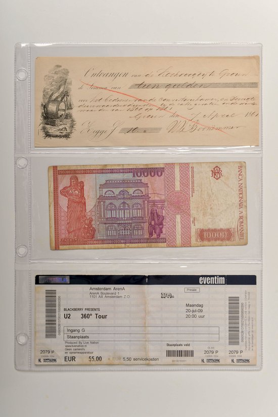 Insteekhoezen 3 vakken, A4, transparante bladen, voor 2-4 ringen set van 10 showtassen, 140 micron, stevige kwaliteit afmeting vak 92 x 212 mm, voor o.a. bankbiljetten en tickets