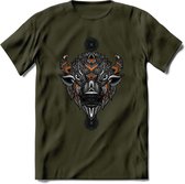 Bizon - Dieren Mandala T-Shirt | Oranje | Grappig Verjaardag Zentangle Dierenkop Cadeau Shirt | Dames - Heren - Unisex | Wildlife Tshirt Kleding Kado | - Leger Groen - XXL