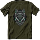 Vos - Dieren Mandala T-Shirt | Aqua | Grappig Verjaardag Zentangle Dierenkop Cadeau Shirt | Dames - Heren - Unisex | Wildlife Tshirt Kleding Kado | - Leger Groen - L