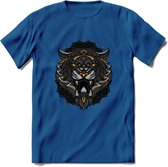 Tijger - Dieren Mandala T-Shirt | Geel | Grappig Verjaardag Zentangle Dierenkop Cadeau Shirt | Dames - Heren - Unisex | Wildlife Tshirt Kleding Kado | - Donker Blauw - XXL