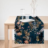 De Groen Home Bedrukt Velvet textiel Tafelloper - Bloemen op donkerblauw met ronde zijden- Fluweel - 45x135cm - Tafel decoratie woonkamer