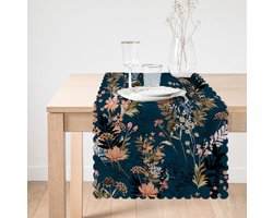 Bedrukt Velvet textiel Tafelloper 45x135cm - Bloemen op donkerblauw -Tafel decoratie woonkamer - Tafelkleed