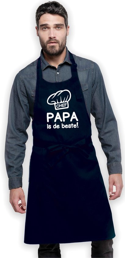 Keukenschort Chef Papa is de beste - Heren Dames - Horecakwaliteit - One size - Verstelbaar - Wasbaar - Cadeau Verjaardag Feest Grappig Geintje Jubileum Pensioen Zomaar Bedankt BBQ - Marine