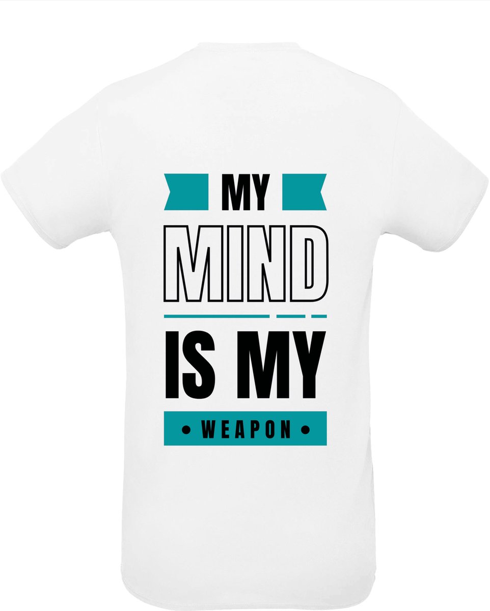 Huurdies Sportshirt | My mind is my weapon| maat S | Bedrukkingskleur lichtblauw | shirt wit