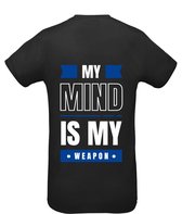 Huurdies Sportshirt | My mind is my weapon | maat  XXL | Bedrukkingskleur Blauw | shirt zwart