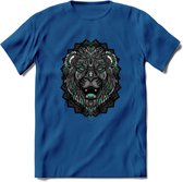 Leeuw - Dieren Mandala T-Shirt | Aqua | Grappig Verjaardag Zentangle Dierenkop Cadeau Shirt | Dames - Heren - Unisex | Wildlife Tshirt Kleding Kado | - Donker Blauw - XL