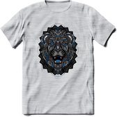 Leeuw - Dieren Mandala T-Shirt | Blauw | Grappig Verjaardag Zentangle Dierenkop Cadeau Shirt | Dames - Heren - Unisex | Wildlife Tshirt Kleding Kado | - Licht Grijs - Gemaleerd - 3