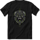 Leeuw - Dieren Mandala T-Shirt | Groen | Grappig Verjaardag Zentangle Dierenkop Cadeau Shirt | Dames - Heren - Unisex | Wildlife Tshirt Kleding Kado | - Zwart - 3XL