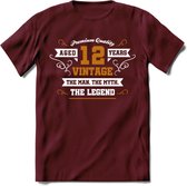 12 Jaar Legend T-Shirt | Goud - Wit | Grappig Verjaardag en Feest Cadeau Shirt | Dames - Heren - Unisex | Tshirt Kleding Kado | - Burgundy - M