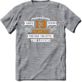 13 Jaar Legend T-Shirt | Goud - Wit | Grappig Verjaardag en Feest Cadeau Shirt | Dames - Heren - Unisex | Tshirt Kleding Kado | - Donker Grijs - Gemaleerd - 3XL