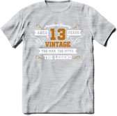 13 Jaar Legend T-Shirt | Goud - Wit | Grappig Verjaardag en Feest Cadeau Shirt | Dames - Heren - Unisex | Tshirt Kleding Kado | - Licht Grijs - Gemaleerd - L